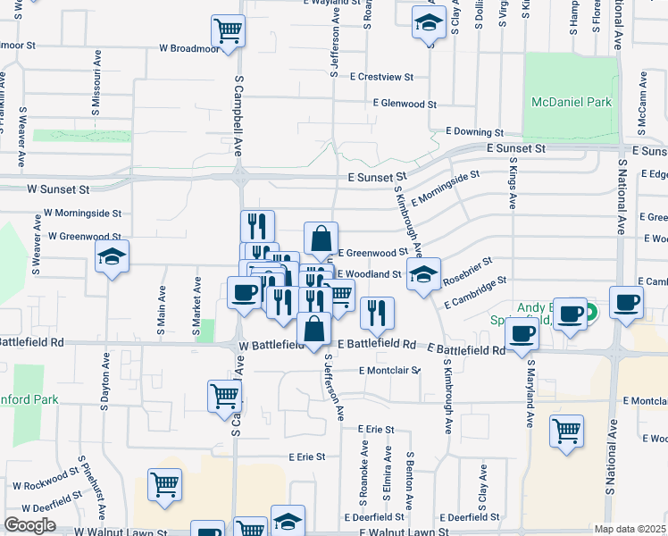 map of restaurants, bars, coffee shops, grocery stores, and more near 405 East Woodland Street in Springfield