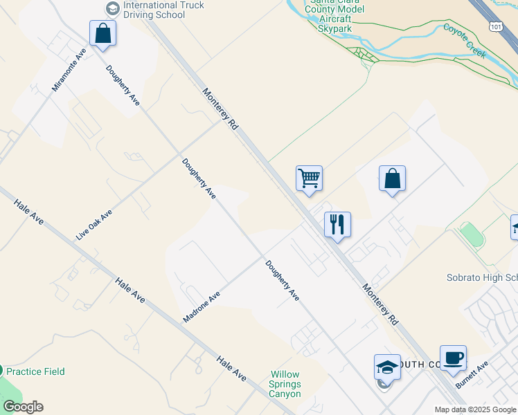 map of restaurants, bars, coffee shops, grocery stores, and more near 10868 Dougherty Avenue in Morgan Hill