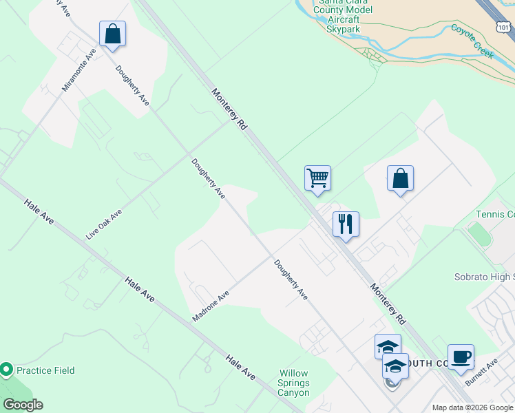 map of restaurants, bars, coffee shops, grocery stores, and more near 10868 Dougherty Avenue in Morgan Hill