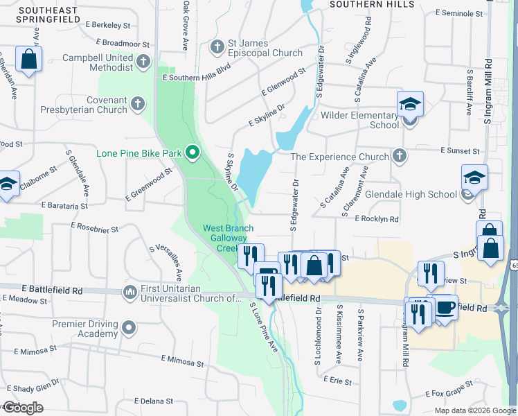 map of restaurants, bars, coffee shops, grocery stores, and more near 2806 East Rocklyn Road in Springfield