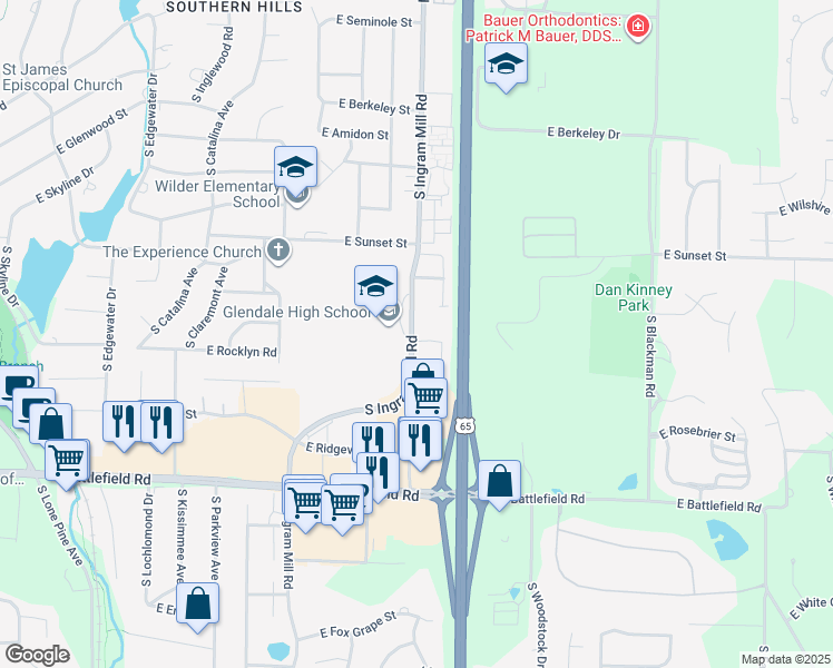 map of restaurants, bars, coffee shops, grocery stores, and more near 3404 East Lomita Street in Springfield