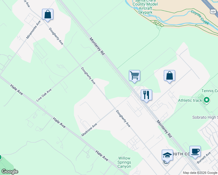map of restaurants, bars, coffee shops, grocery stores, and more near 10868 Dougherty Avenue in Morgan Hill