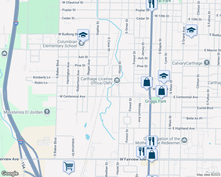 map of restaurants, bars, coffee shops, grocery stores, and more near 1503 South Case Street in Carthage