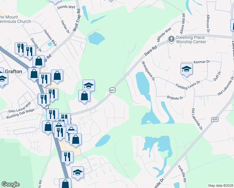 map of restaurants, bars, coffee shops, grocery stores, and more near 103 Jacobs Run in Yorktown