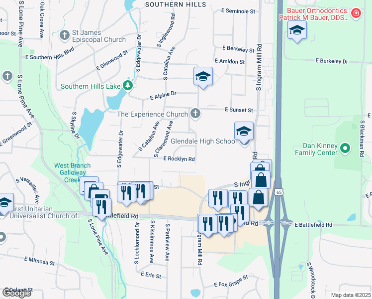 map of restaurants, bars, coffee shops, grocery stores, and more near 3115 East Rocklyn Road in Springfield