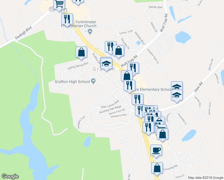 map of restaurants, bars, coffee shops, grocery stores, and more near 137 Wainwrights Bend in Yorktown