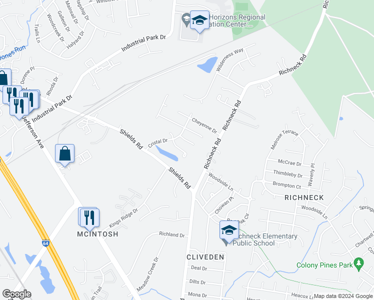 map of restaurants, bars, coffee shops, grocery stores, and more near 713 Emerald Court in Newport News