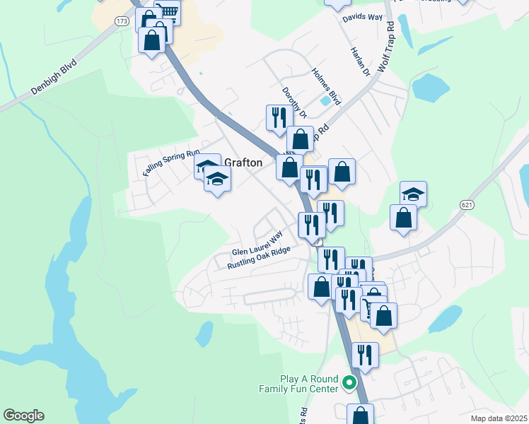 map of restaurants, bars, coffee shops, grocery stores, and more near 139 Wainwrights Bend in Yorktown