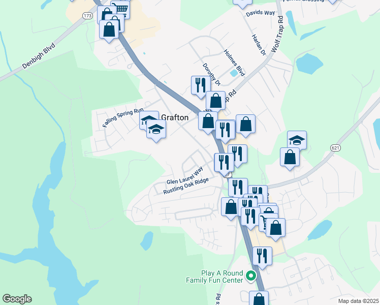 map of restaurants, bars, coffee shops, grocery stores, and more near 139 Wainwrights Bend in Yorktown
