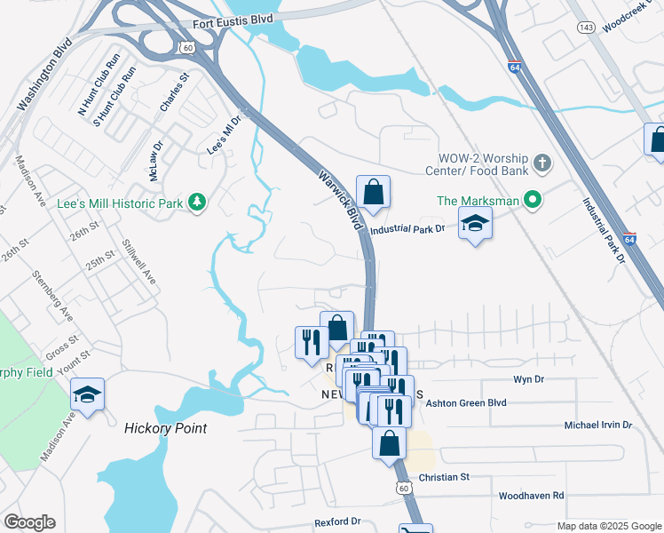 map of restaurants, bars, coffee shops, grocery stores, and more near 9 Williamson Park Drive in Newport News