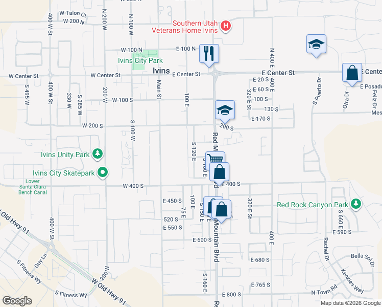 map of restaurants, bars, coffee shops, grocery stores, and more near 292 South 120 East in Ivins
