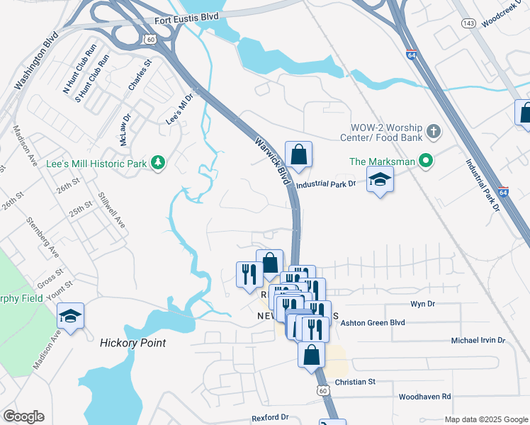 map of restaurants, bars, coffee shops, grocery stores, and more near 9 Williamson Park Drive in Newport News