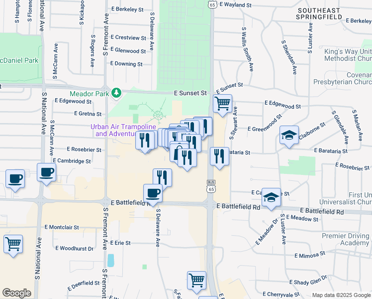 map of restaurants, bars, coffee shops, grocery stores, and more near 2825 South Glenstone Avenue in Springfield