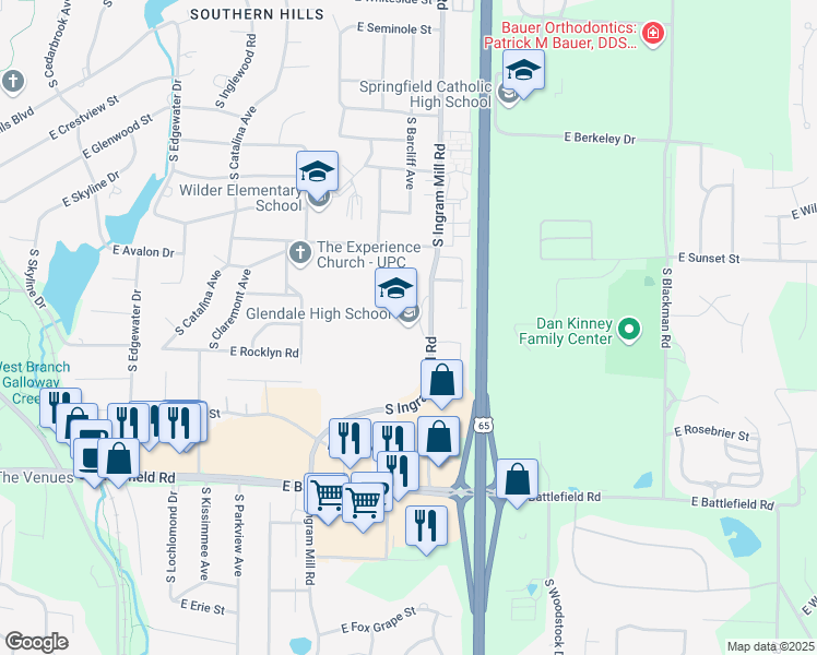 map of restaurants, bars, coffee shops, grocery stores, and more near 2727 South Ingram Mill Road in Springfield