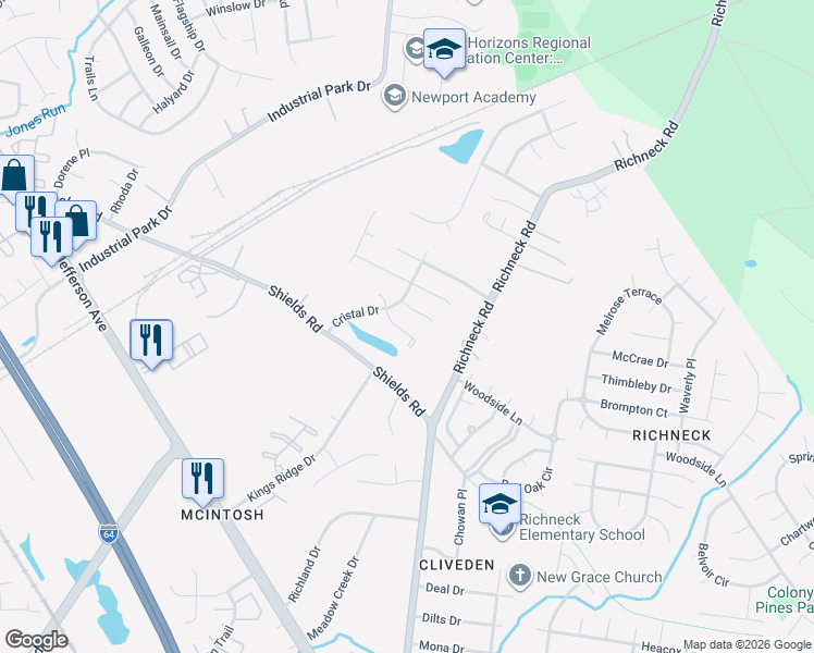 map of restaurants, bars, coffee shops, grocery stores, and more near 719 Emerald Court in Newport News