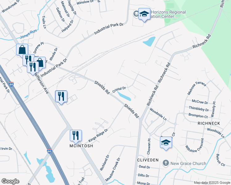 map of restaurants, bars, coffee shops, grocery stores, and more near 784 Shields Road in Newport News