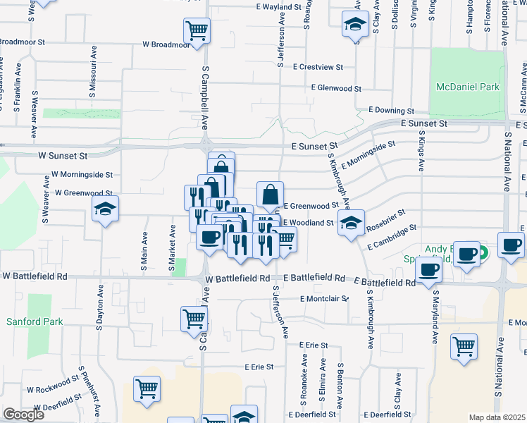 map of restaurants, bars, coffee shops, grocery stores, and more near 313 East Battlefield Road in Springfield