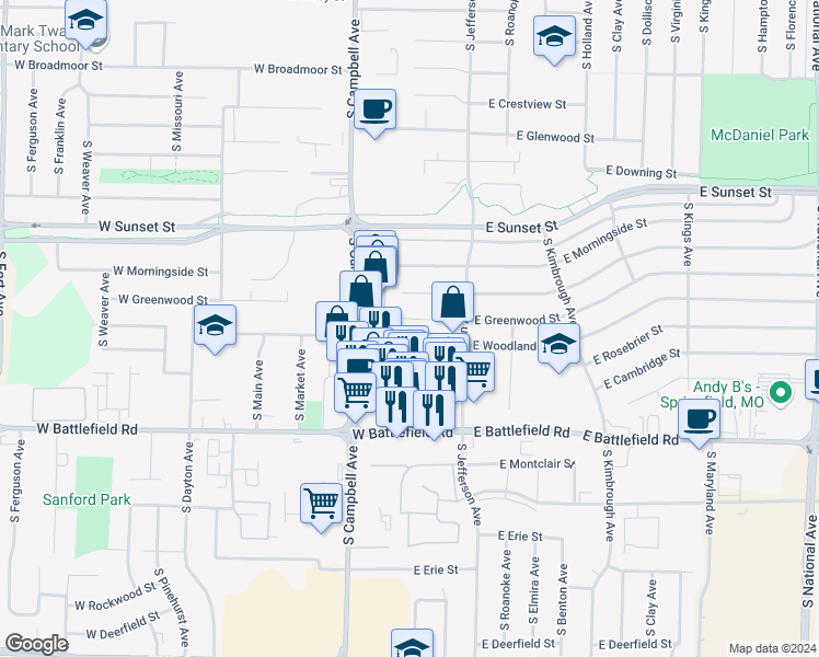 map of restaurants, bars, coffee shops, grocery stores, and more near 313 East Battlefield Road in Springfield