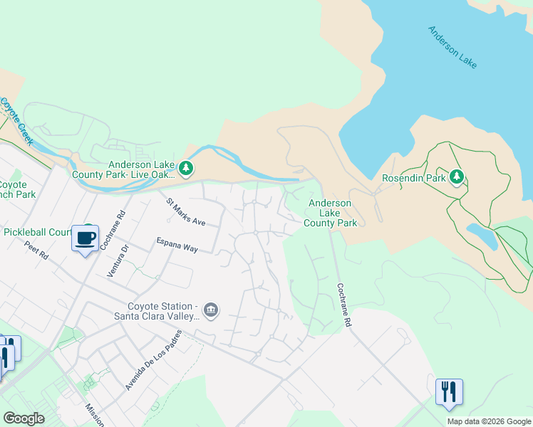 map of restaurants, bars, coffee shops, grocery stores, and more near 2255 Via Santa Elena in Morgan Hill