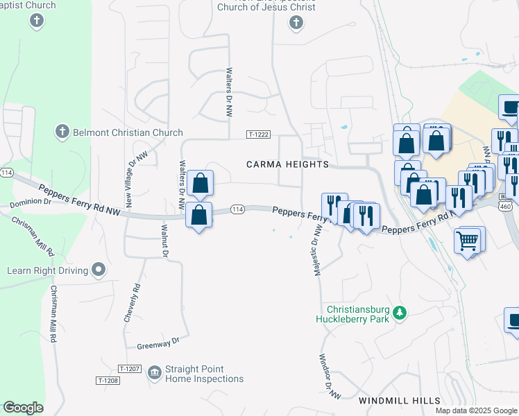 map of restaurants, bars, coffee shops, grocery stores, and more near Virginia 114 in Christiansburg