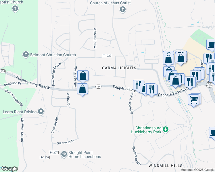 map of restaurants, bars, coffee shops, grocery stores, and more near 895 Peppers Ferry Rd NW in Christiansburg