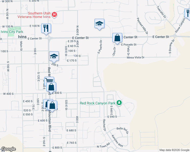 map of restaurants, bars, coffee shops, grocery stores, and more near 533 Vasquez in Ivins