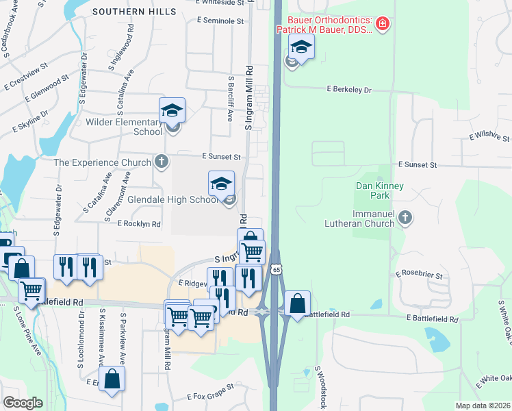 map of restaurants, bars, coffee shops, grocery stores, and more near 2665 South Glenview Avenue in Springfield