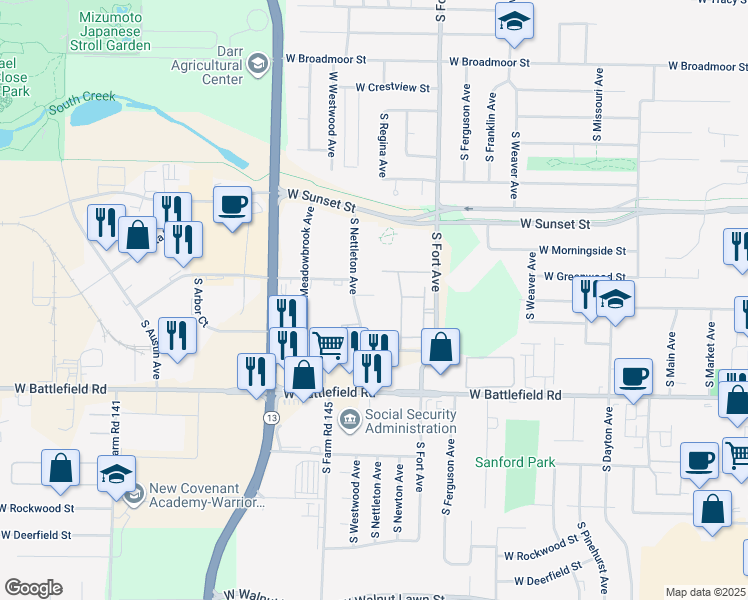 map of restaurants, bars, coffee shops, grocery stores, and more near A Street in Springfield