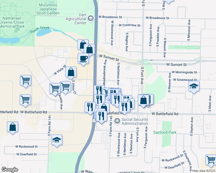map of restaurants, bars, coffee shops, grocery stores, and more near 1717 West Woodland Street in Springfield