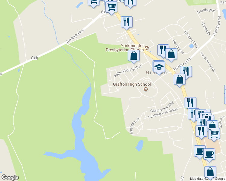 map of restaurants, bars, coffee shops, grocery stores, and more near 110 2 Turkey Run in Yorktown