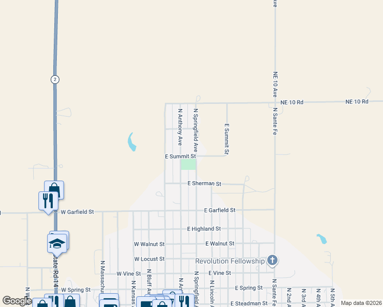 map of restaurants, bars, coffee shops, grocery stores, and more near 1000-1098 North Springfield Avenue in Anthony