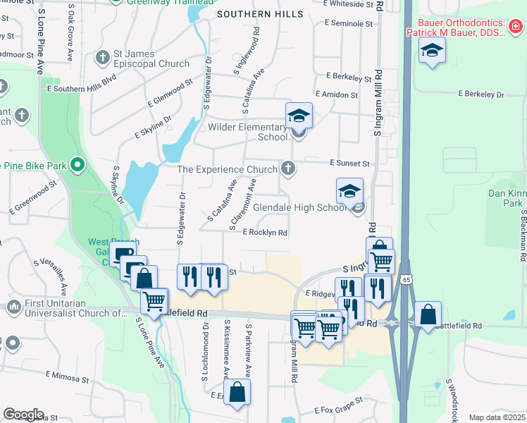 map of restaurants, bars, coffee shops, grocery stores, and more near 3104 E Lomita St in Springfield