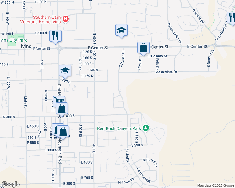 map of restaurants, bars, coffee shops, grocery stores, and more near 255 Xavier Circle in Ivins