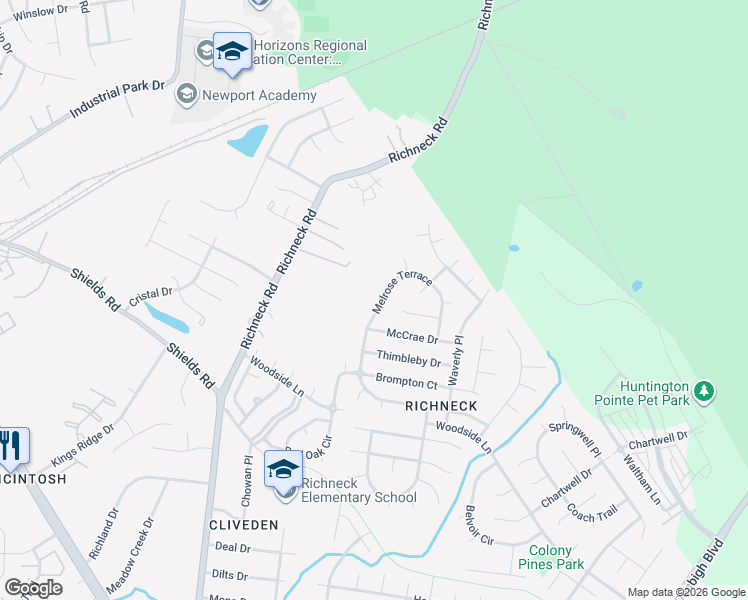 map of restaurants, bars, coffee shops, grocery stores, and more near 802 Melrose Terrace in Newport News