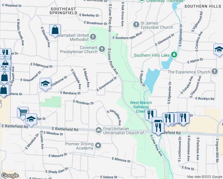 map of restaurants, bars, coffee shops, grocery stores, and more near 2727 South Melrose Avenue in Springfield