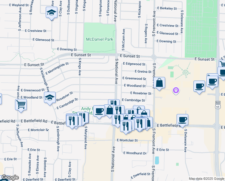 map of restaurants, bars, coffee shops, grocery stores, and more near 1157 East Rosebrier Street in Springfield