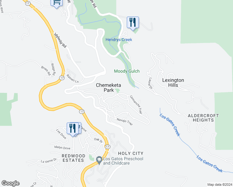 map of restaurants, bars, coffee shops, grocery stores, and more near 17741 Comanche Trail in Los Gatos
