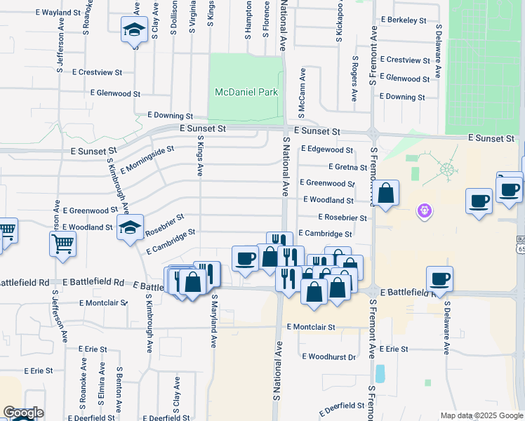 map of restaurants, bars, coffee shops, grocery stores, and more near 1126 East Woodland Street in Springfield