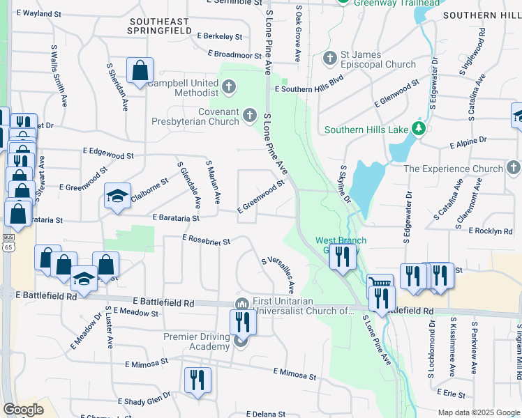 map of restaurants, bars, coffee shops, grocery stores, and more near 2443 East Greenwood Street in Springfield