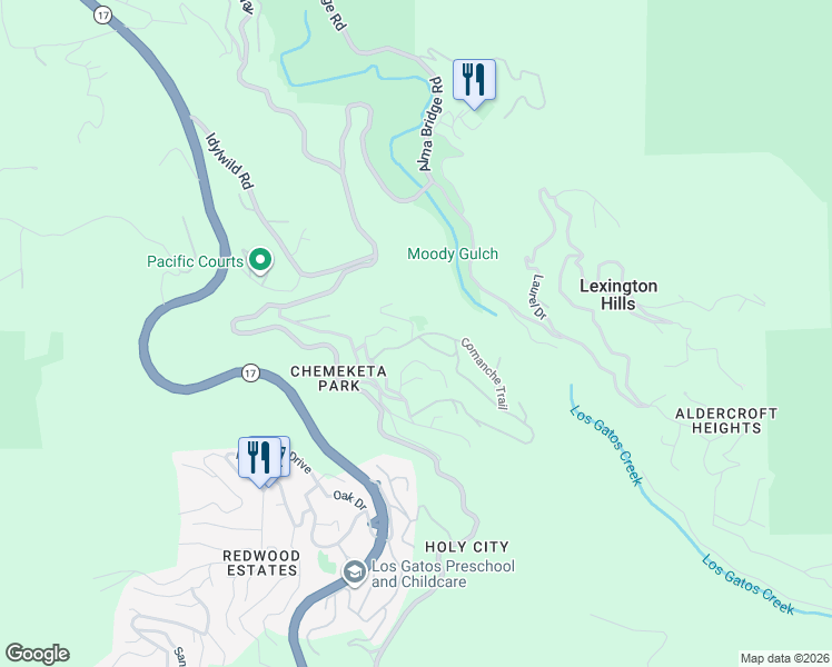 map of restaurants, bars, coffee shops, grocery stores, and more near 17741 Comanche Trail in Los Gatos