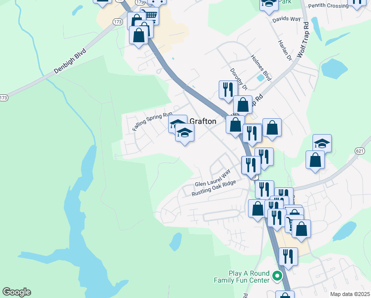 map of restaurants, bars, coffee shops, grocery stores, and more near 403 Grafton Drive in Yorktown