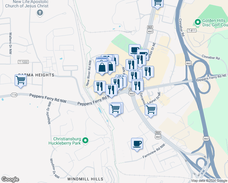 map of restaurants, bars, coffee shops, grocery stores, and more near 105 Peppers Ferry Road Northwest in Christiansburg