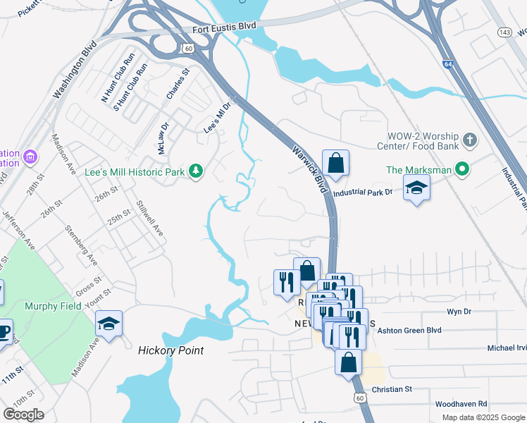 map of restaurants, bars, coffee shops, grocery stores, and more near 28 Williamson Park Drive in Newport News