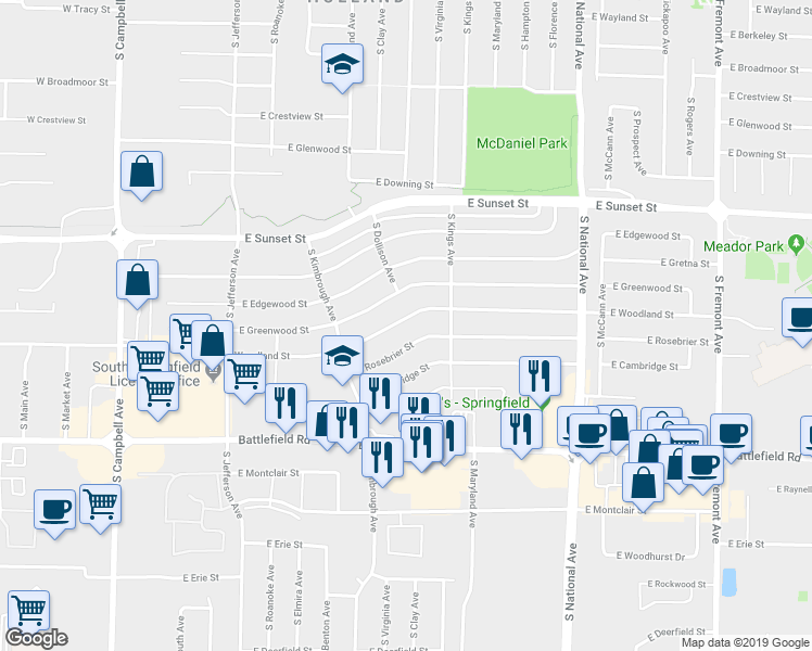 map of restaurants, bars, coffee shops, grocery stores, and more near 832 East Woodland Street in Springfield