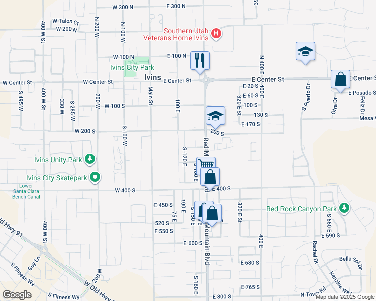 map of restaurants, bars, coffee shops, grocery stores, and more near 269 South 120 East in Ivins