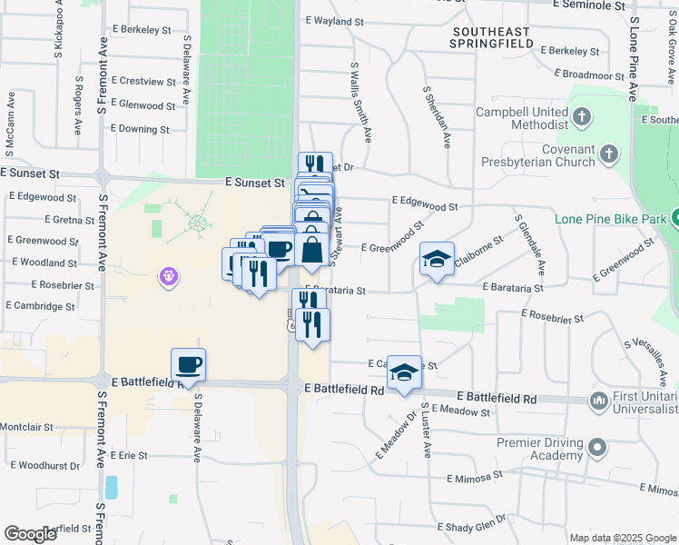 map of restaurants, bars, coffee shops, grocery stores, and more near 2721 South Stewart Avenue in Springfield