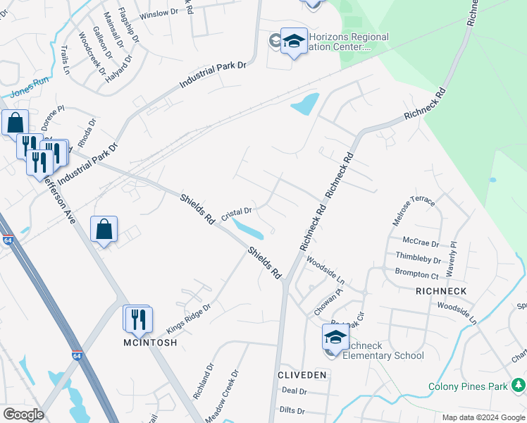 map of restaurants, bars, coffee shops, grocery stores, and more near 632 Cristal Drive in Newport News