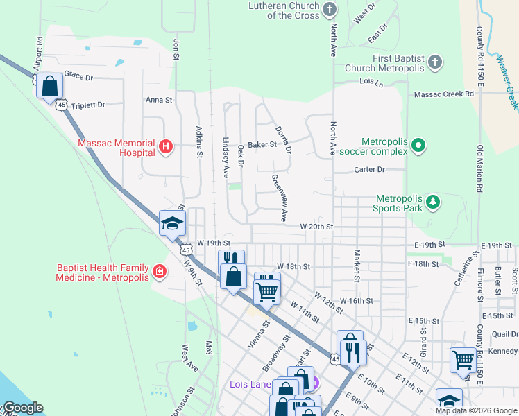 map of restaurants, bars, coffee shops, grocery stores, and more near 2100 Hillcrest Street in Metropolis