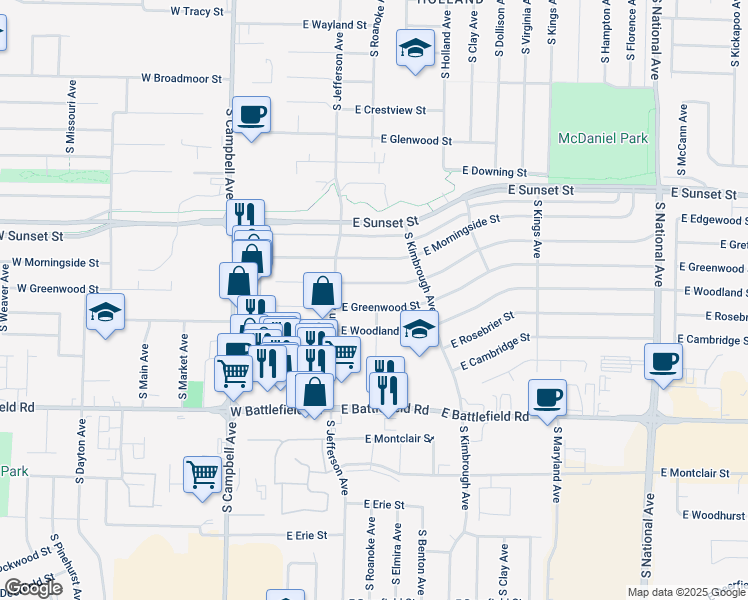 map of restaurants, bars, coffee shops, grocery stores, and more near 502 East Edgewood Street in Springfield