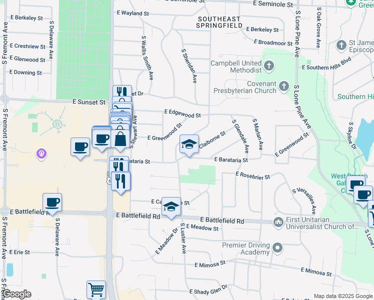 map of restaurants, bars, coffee shops, grocery stores, and more near 2734 South Luster Avenue in Springfield